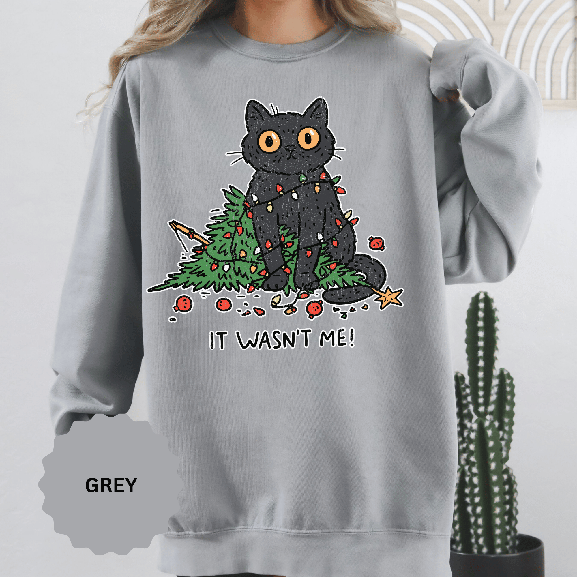 It Wasn't Me Black Cat Christmas Sweatshirt, Funny Holiday Crewneck, Mischievous Kitty Lights Pullover, Gift for Cat Mom or Cat Dad