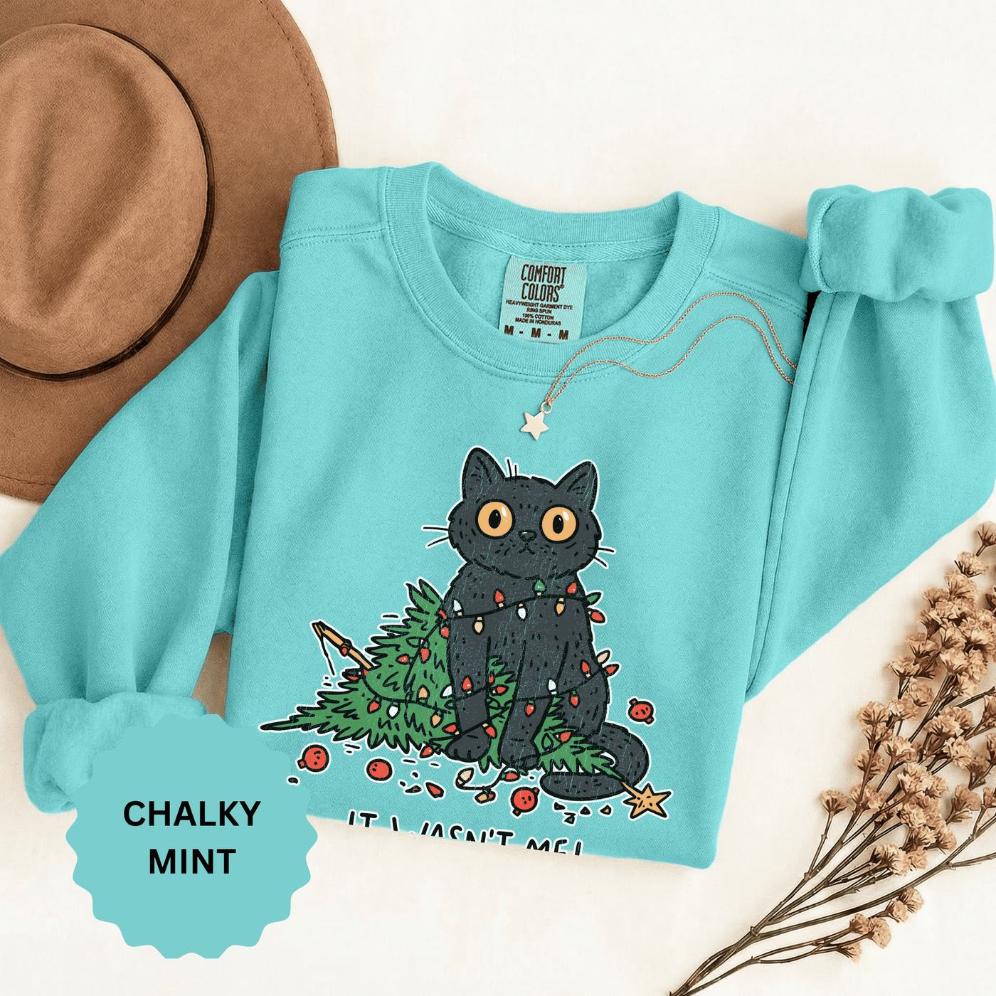 It Wasn't Me Black Cat Christmas Sweatshirt, Funny Holiday Crewneck, Mischievous Kitty Lights Pullover, Gift for Cat Mom or Cat Dad