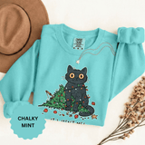 It Wasn't Me Black Cat Christmas Sweatshirt, Funny Holiday Crewneck, Mischievous Kitty Lights Pullover, Gift for Cat Mom or Cat Dad