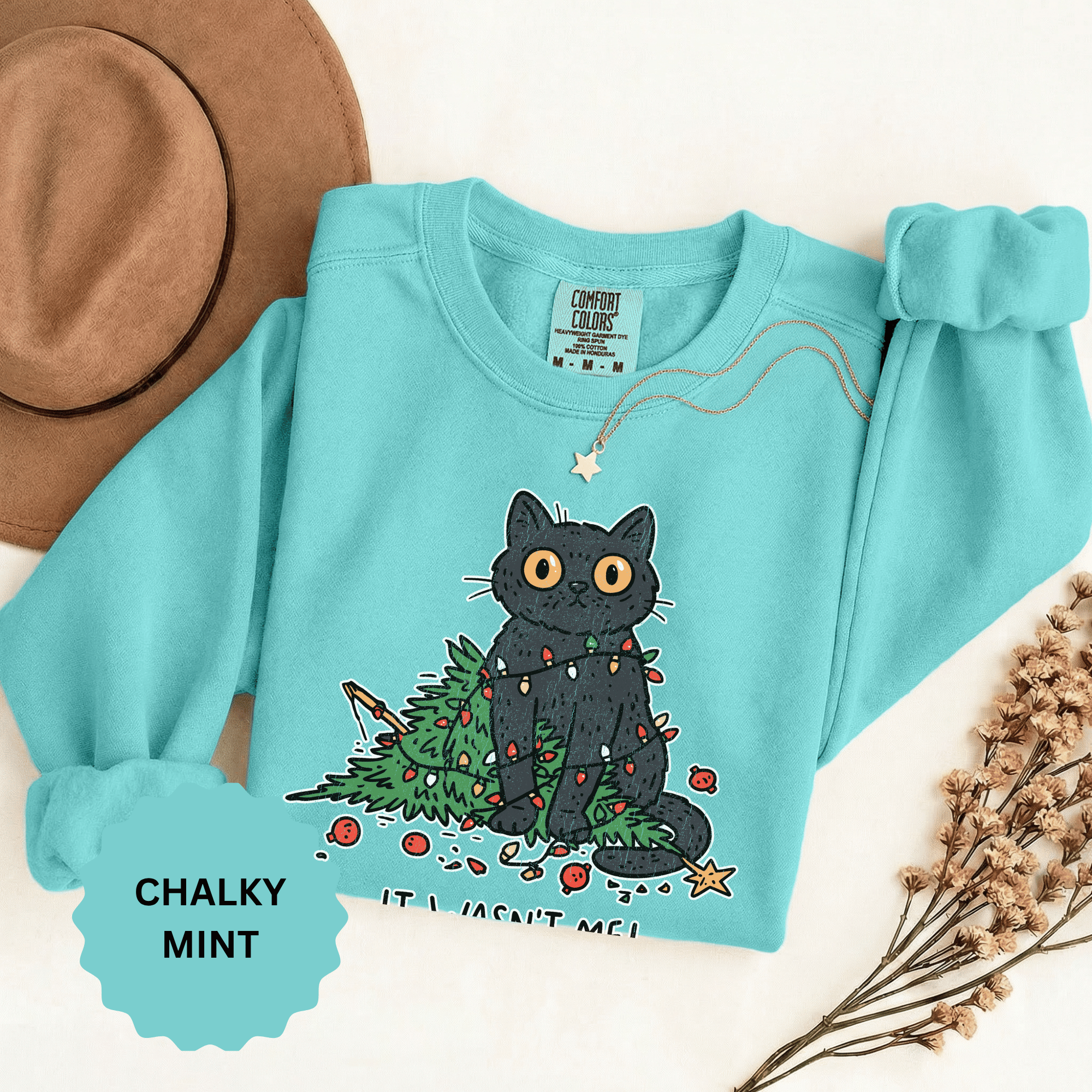 It Wasn't Me Black Cat Christmas Sweatshirt, Funny Holiday Crewneck, Mischievous Kitty Lights Pullover, Gift for Cat Mom or Cat Dad
