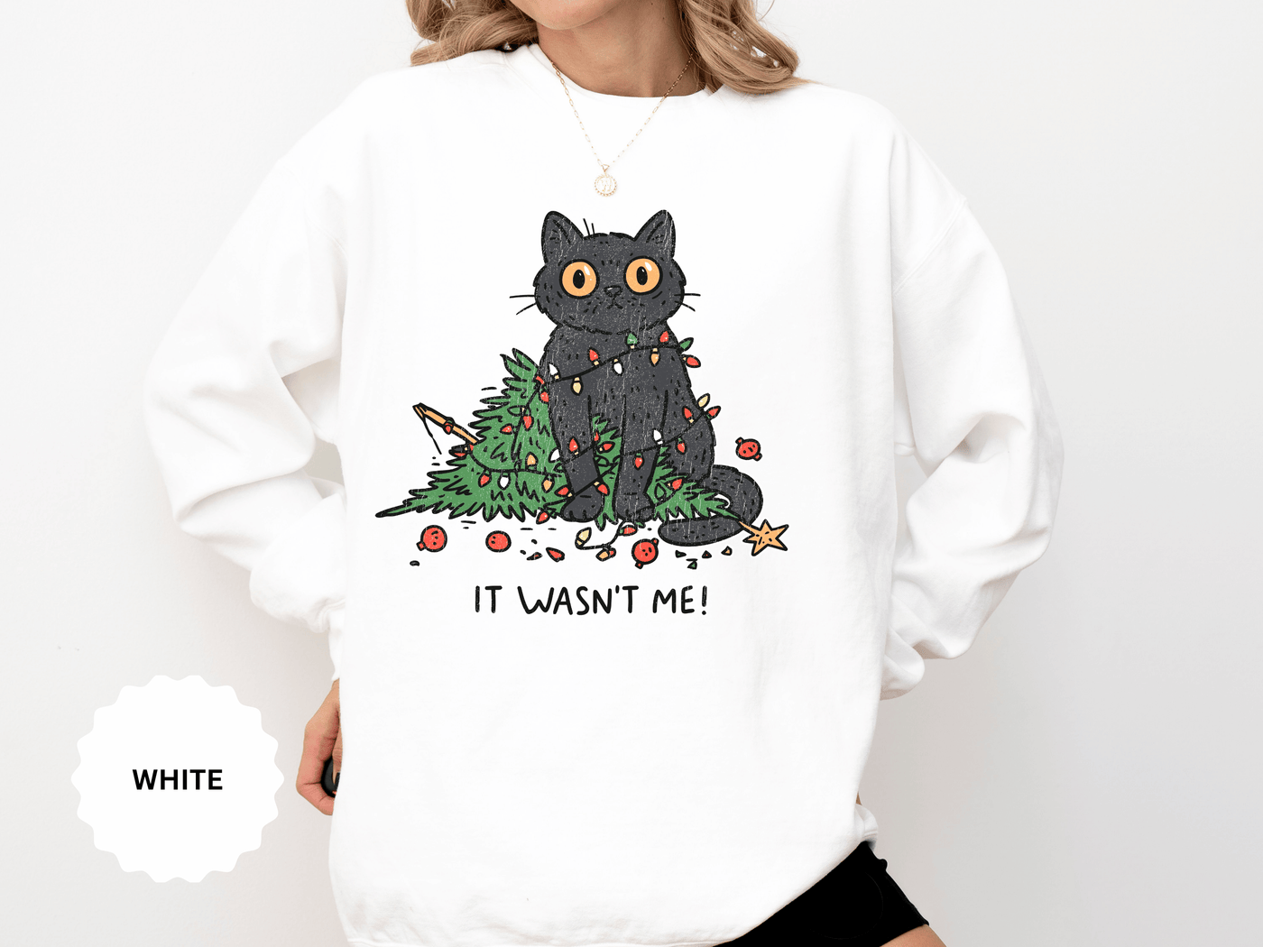 It Wasn't Me Black Cat Christmas Sweatshirt, Funny Holiday Crewneck, Mischievous Kitty Lights Pullover, Gift for Cat Mom or Cat Dad