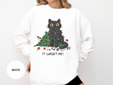 It Wasn't Me Black Cat Christmas Sweatshirt, Funny Holiday Crewneck, Mischievous Kitty Lights Pullover, Gift for Cat Mom or Cat Dad