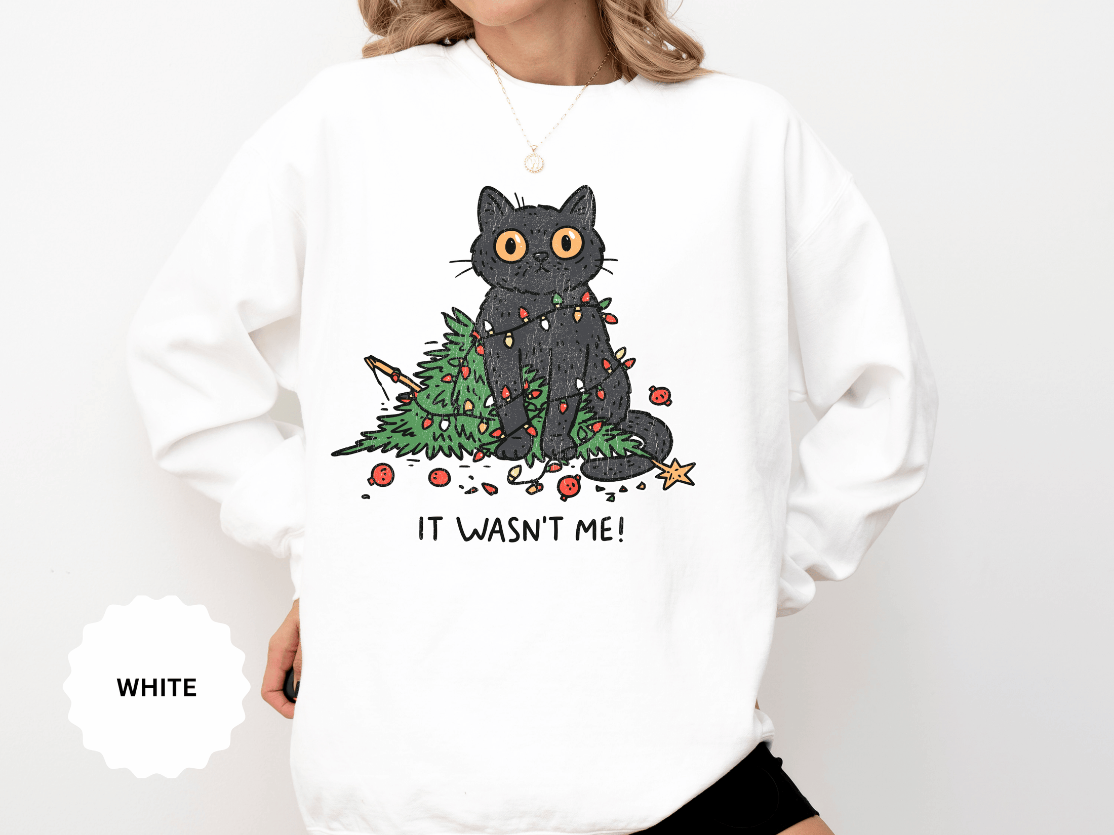 It Wasn't Me Black Cat Christmas Sweatshirt, Funny Holiday Crewneck, Mischievous Kitty Lights Pullover, Gift for Cat Mom or Cat Dad