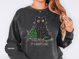 It Wasn't Me Black Cat Christmas Sweatshirt, Funny Holiday Crewneck, Mischievous Kitty Lights Pullover, Gift for Cat Mom or Cat Dad