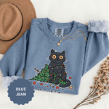 It Wasn't Me Black Cat Christmas Sweatshirt, Funny Holiday Crewneck, Mischievous Kitty Lights Pullover, Gift for Cat Mom or Cat Dad