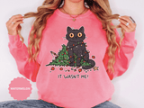 It Wasn't Me Black Cat Christmas Sweatshirt, Funny Holiday Crewneck, Mischievous Kitty Lights Pullover, Gift for Cat Mom or Cat Dad