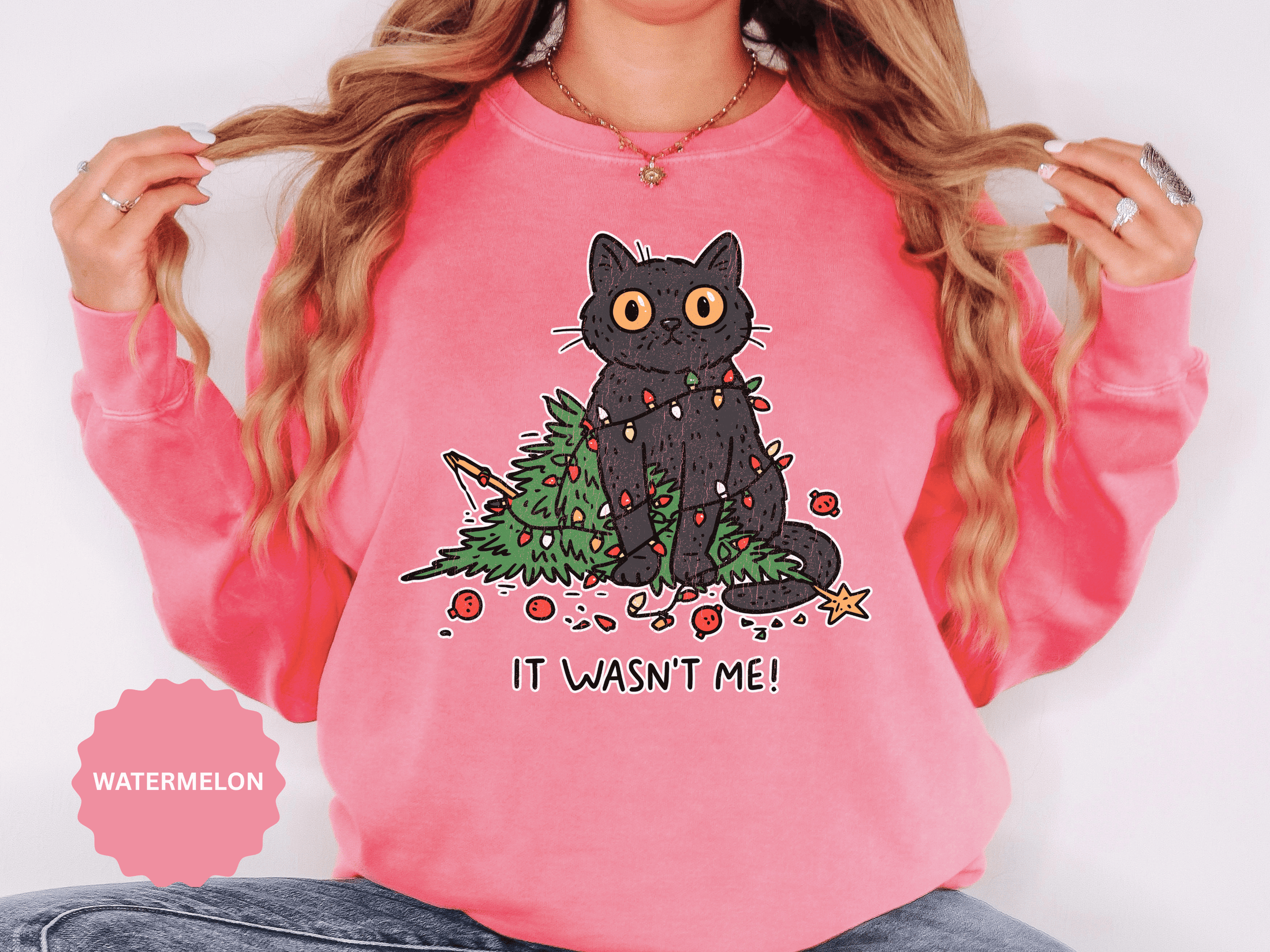 It Wasn't Me Black Cat Christmas Sweatshirt, Funny Holiday Crewneck, Mischievous Kitty Lights Pullover, Gift for Cat Mom or Cat Dad