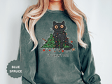 It Wasn't Me Black Cat Christmas Sweatshirt, Funny Holiday Crewneck, Mischievous Kitty Lights Pullover, Gift for Cat Mom or Cat Dad
