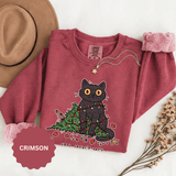 It Wasn't Me Black Cat Christmas Sweatshirt, Funny Holiday Crewneck, Mischievous Kitty Lights Pullover, Gift for Cat Mom or Cat Dad