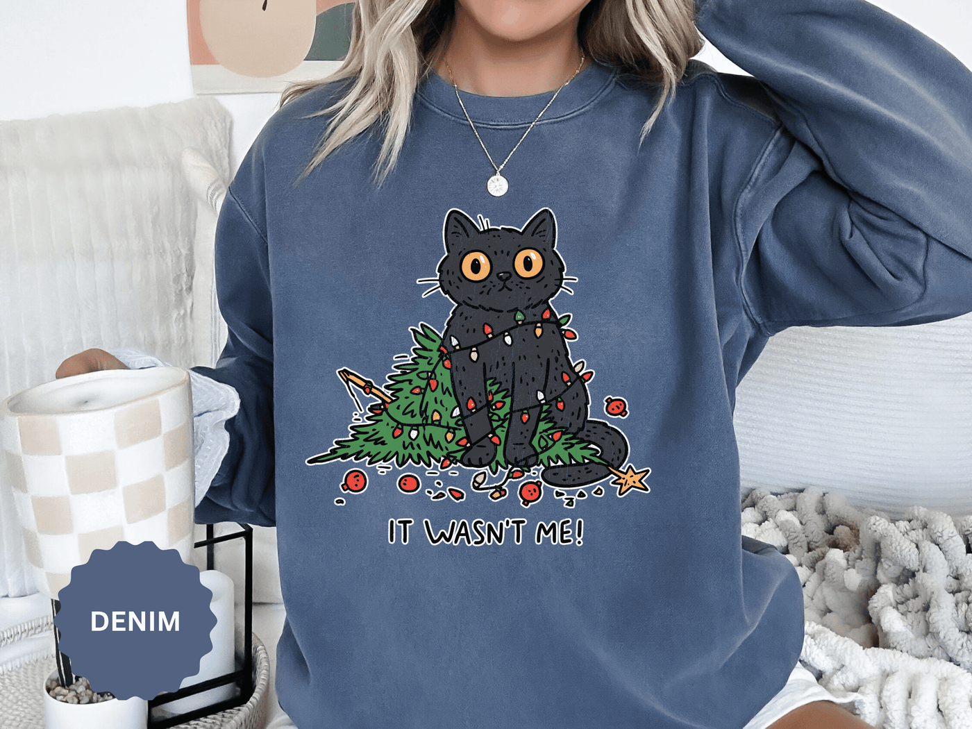 It Wasn't Me Black Cat Christmas Sweatshirt, Funny Holiday Crewneck, Mischievous Kitty Lights Pullover, Gift for Cat Mom or Cat Dad