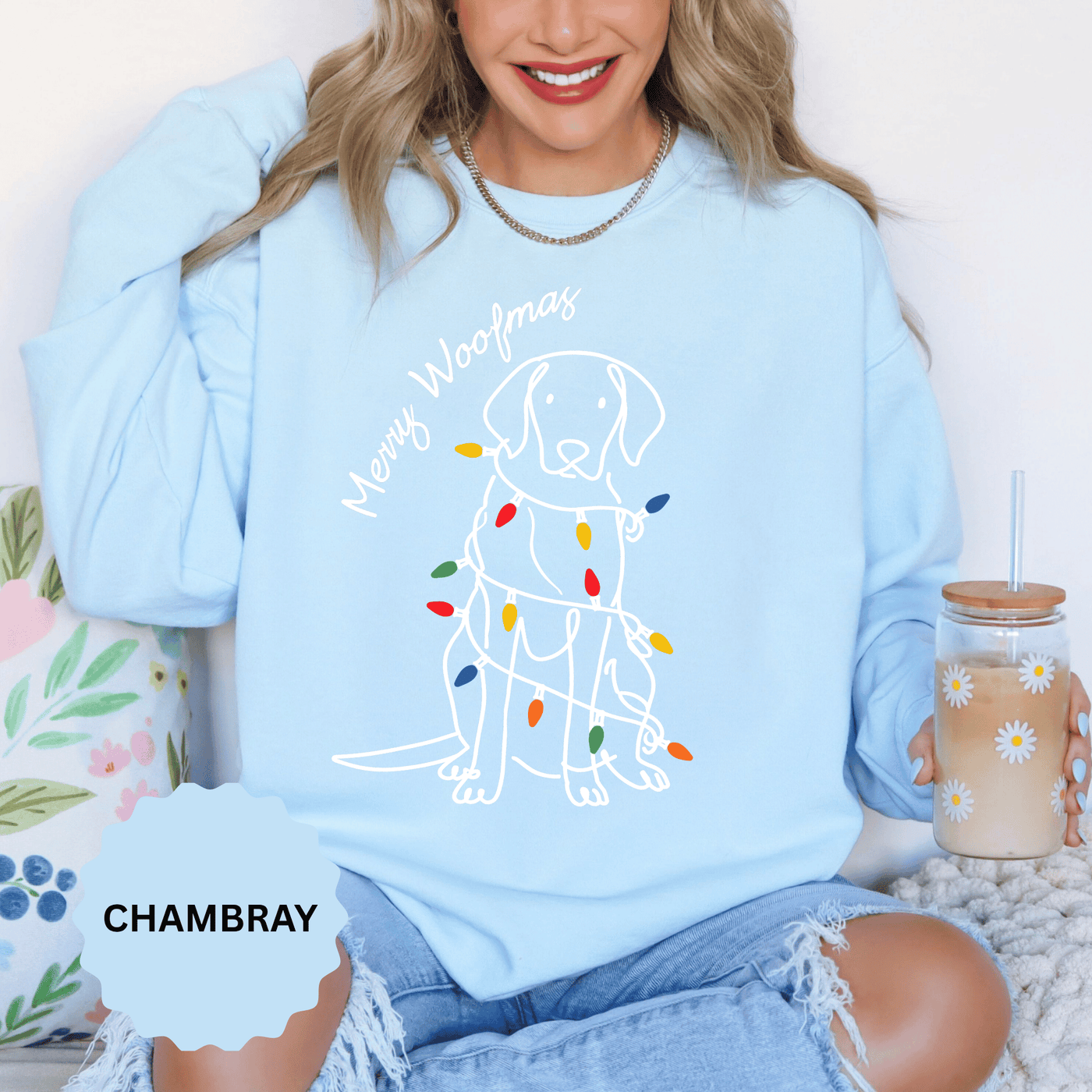 Merry Woofmas Dog Sweatshirt, Funny Christmas Puppy Crewneck, Holiday Lights Pet Lover Pullover, Cute Christmas Gift for Dog Mom or Dog Dad