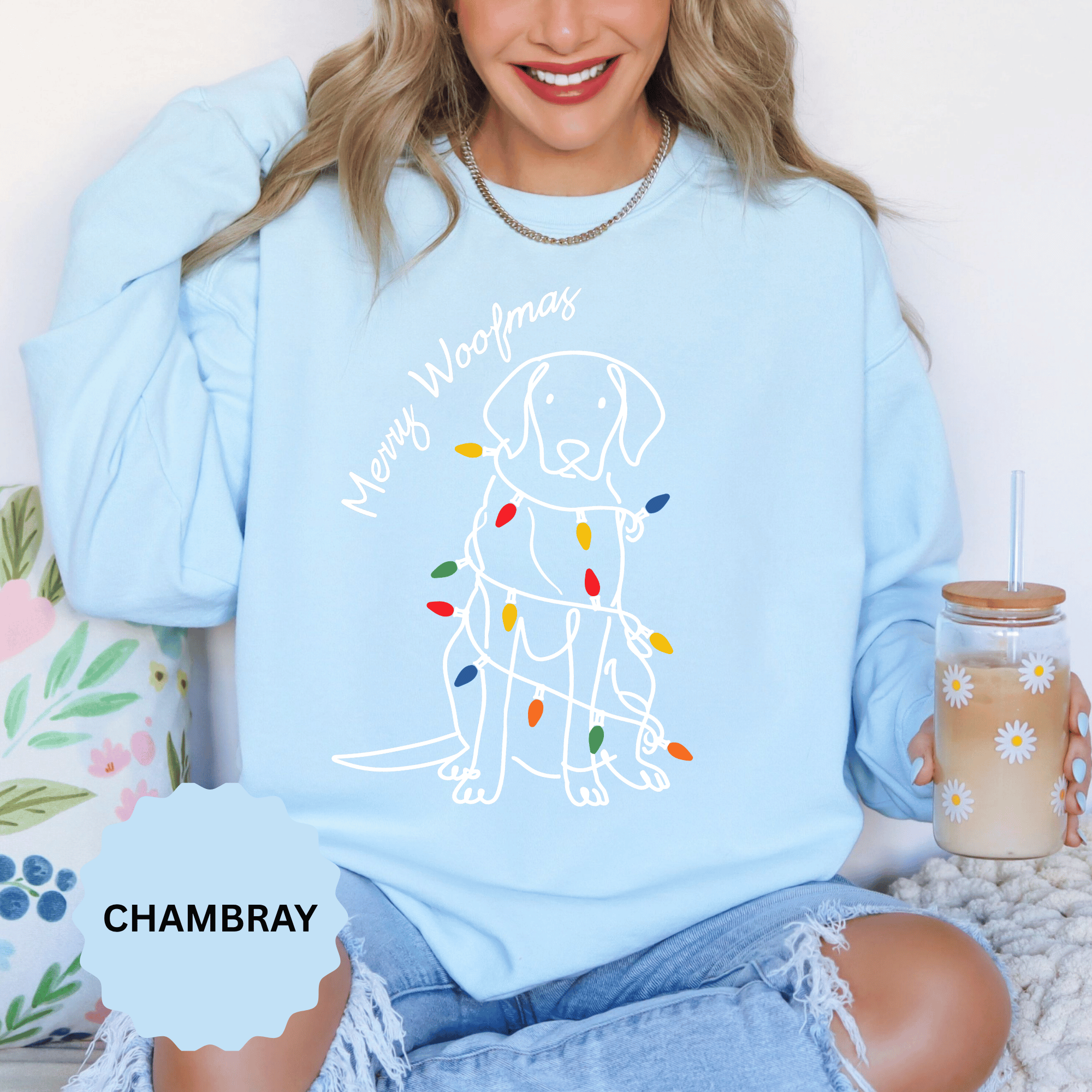 Merry Woofmas Dog Sweatshirt, Funny Christmas Puppy Crewneck, Holiday Lights Pet Lover Pullover, Cute Christmas Gift for Dog Mom or Dog Dad