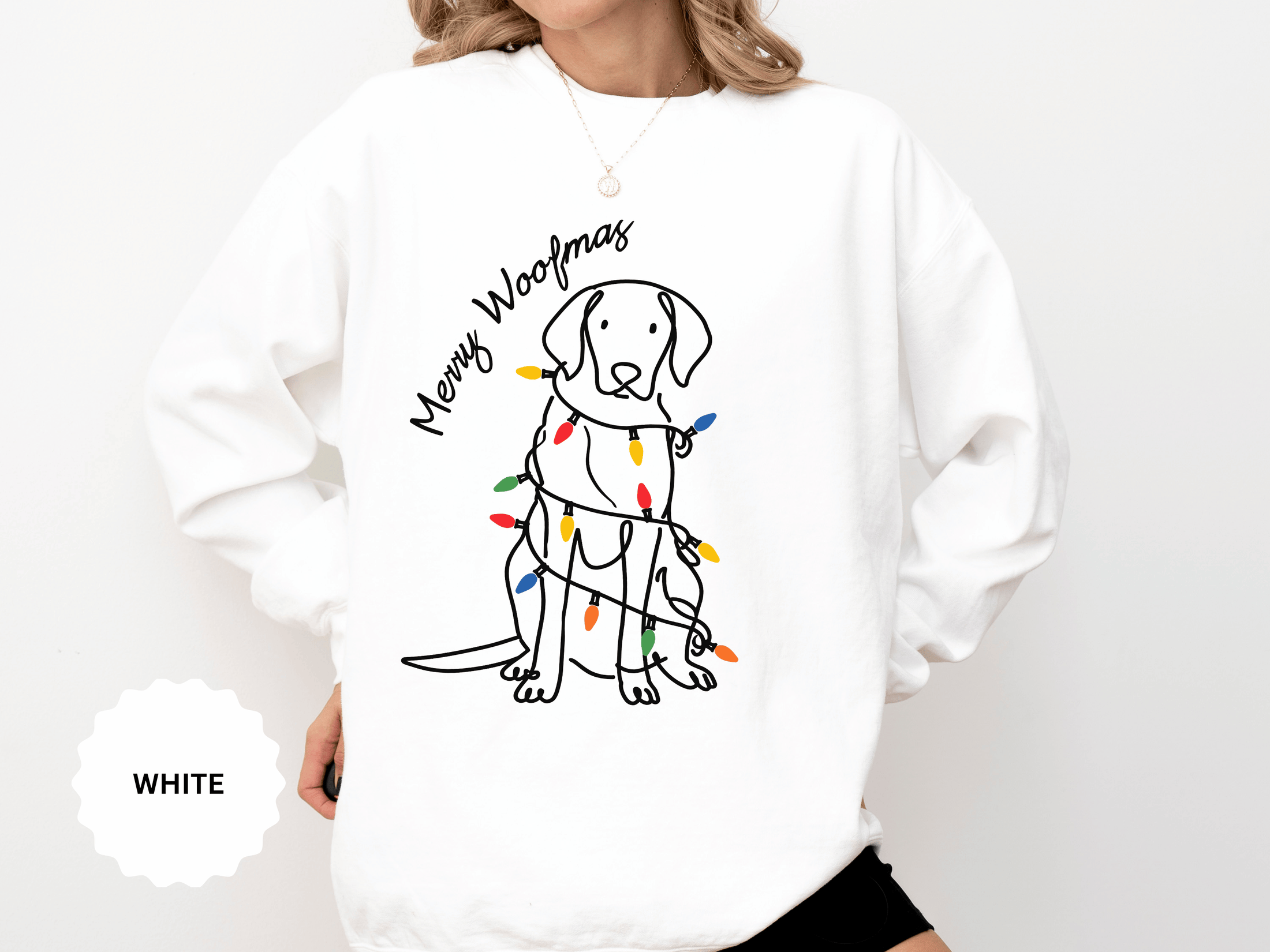 Merry Woofmas Dog Sweatshirt, Funny Christmas Puppy Crewneck, Holiday Lights Pet Lover Pullover, Cute Christmas Gift for Dog Mom or Dog Dad