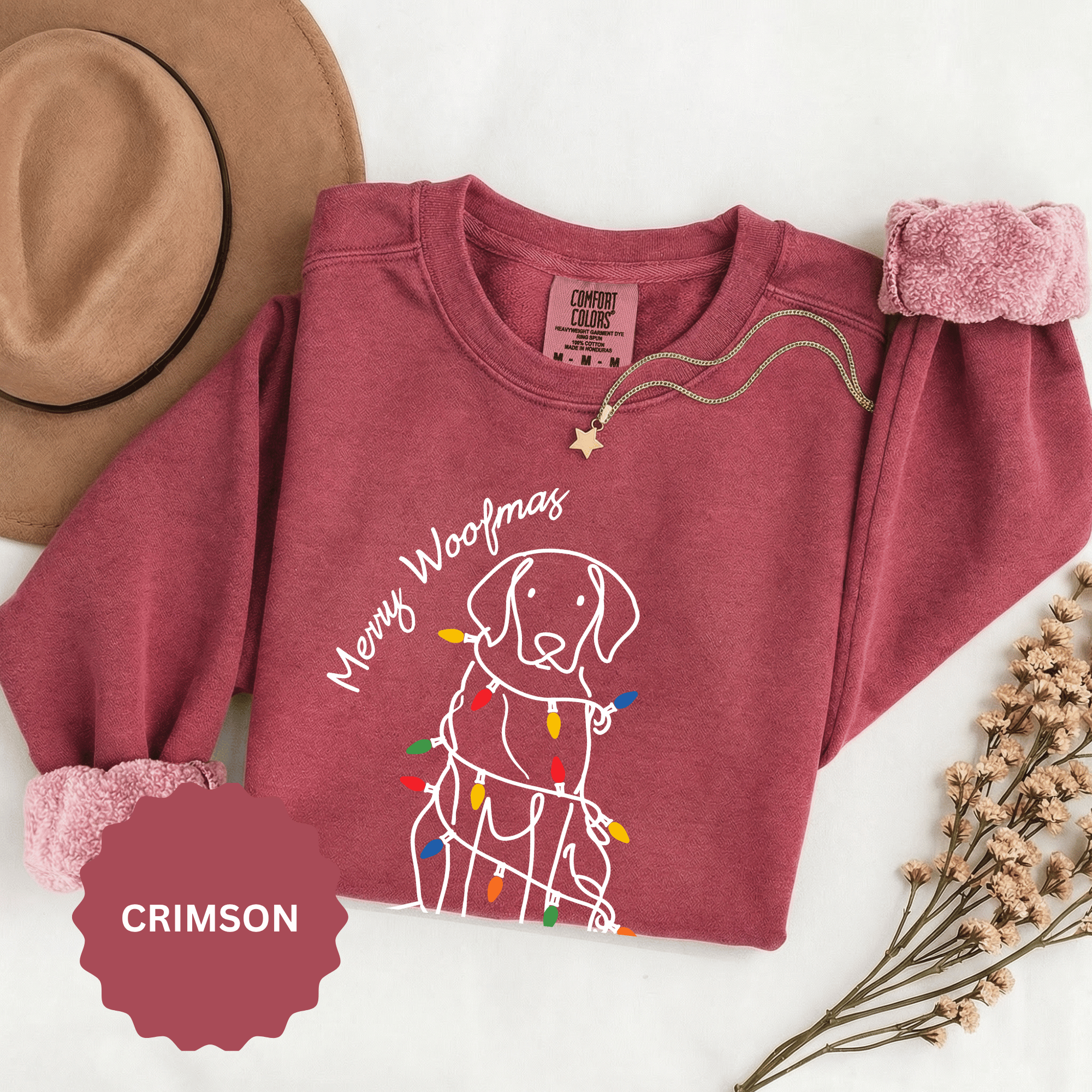 Merry Woofmas Dog Sweatshirt, Funny Christmas Puppy Crewneck, Holiday Lights Pet Lover Pullover, Cute Christmas Gift for Dog Mom or Dog Dad