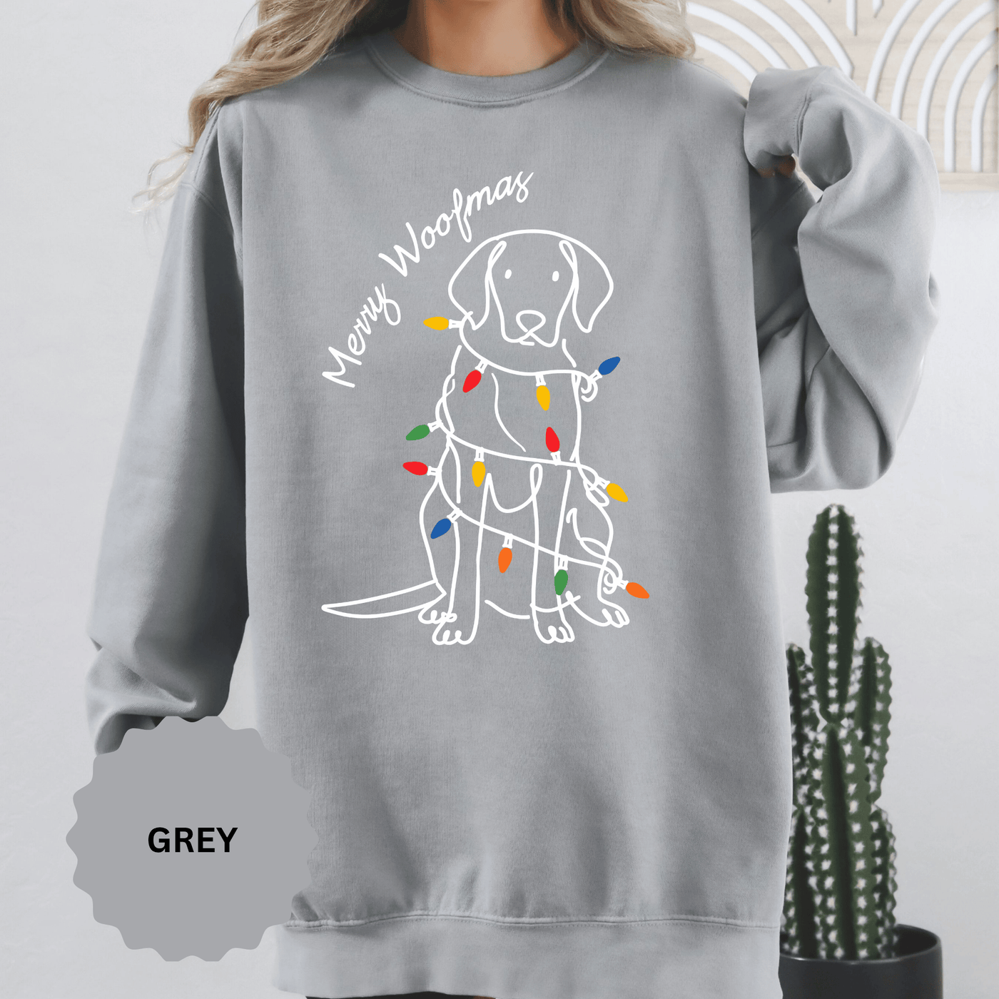 Merry Woofmas Dog Sweatshirt, Funny Christmas Puppy Crewneck, Holiday Lights Pet Lover Pullover, Cute Christmas Gift for Dog Mom or Dog Dad