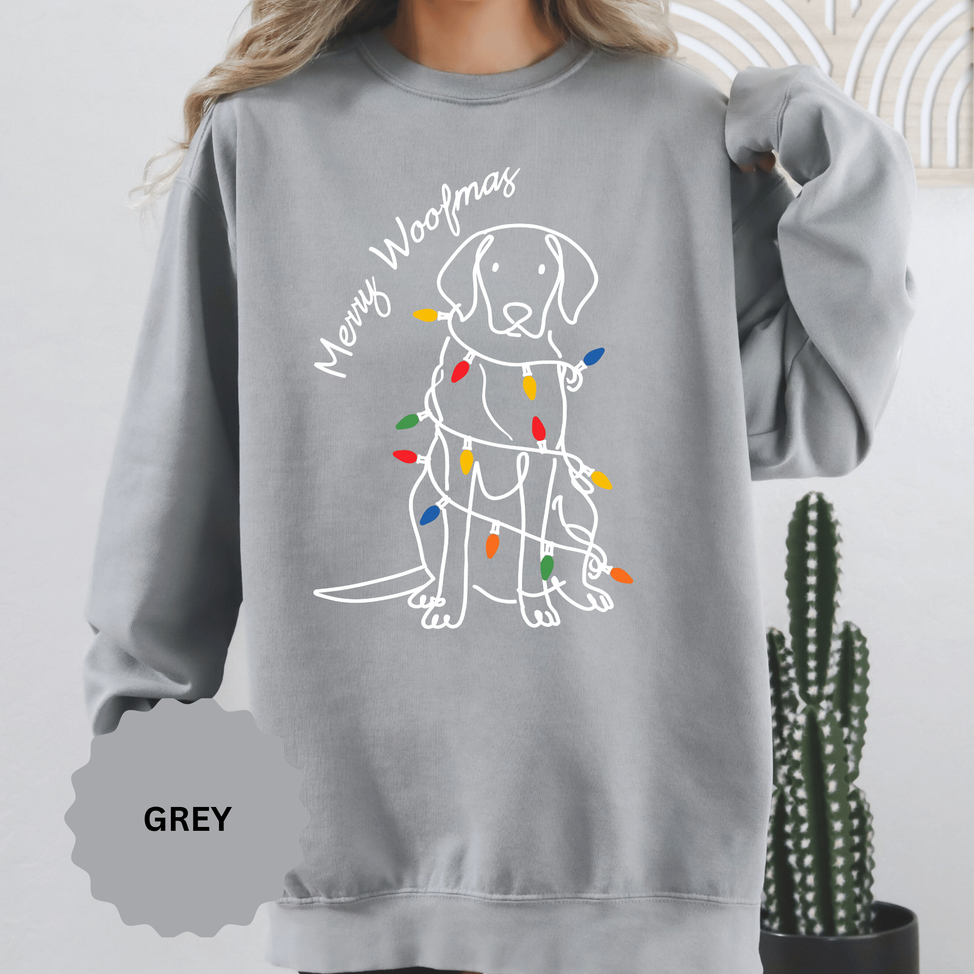Merry Woofmas Dog Sweatshirt, Funny Christmas Puppy Crewneck, Holiday Lights Pet Lover Pullover, Cute Christmas Gift for Dog Mom or Dog Dad
