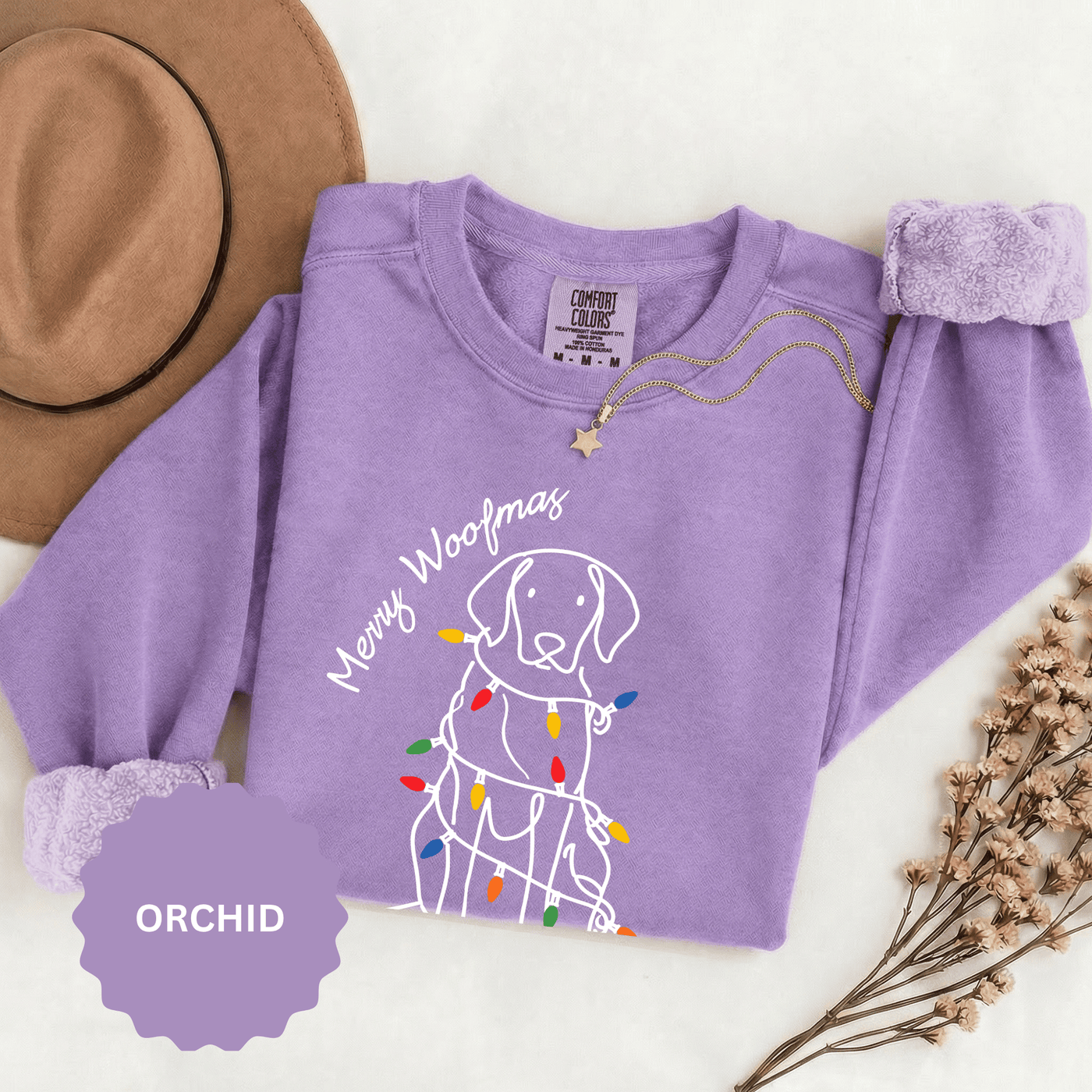 Merry Woofmas Dog Sweatshirt, Funny Christmas Puppy Crewneck, Holiday Lights Pet Lover Pullover, Cute Christmas Gift for Dog Mom or Dog Dad