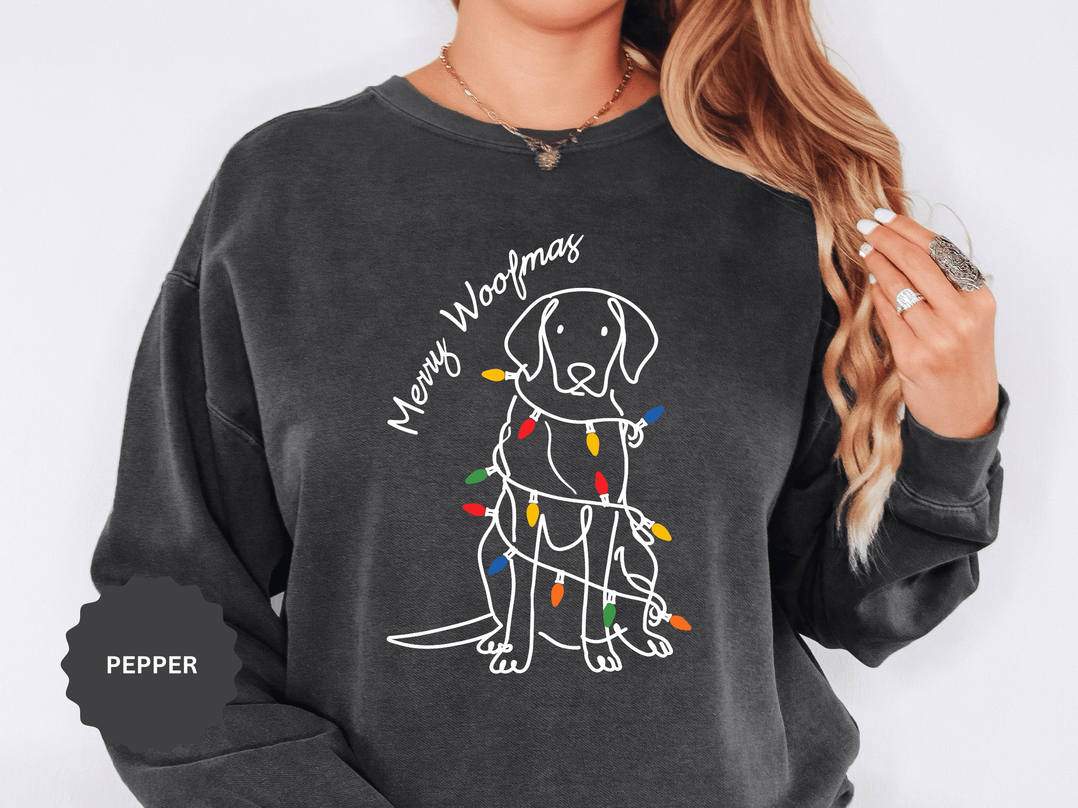 Merry Woofmas Dog Sweatshirt, Funny Christmas Puppy Crewneck, Holiday Lights Pet Lover Pullover, Cute Christmas Gift for Dog Mom or Dog Dad