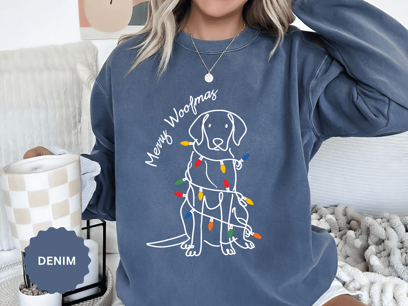 Merry Woofmas Dog Sweatshirt, Funny Christmas Puppy Crewneck, Holiday Lights Pet Lover Pullover, Cute Christmas Gift for Dog Mom or Dog Dad
