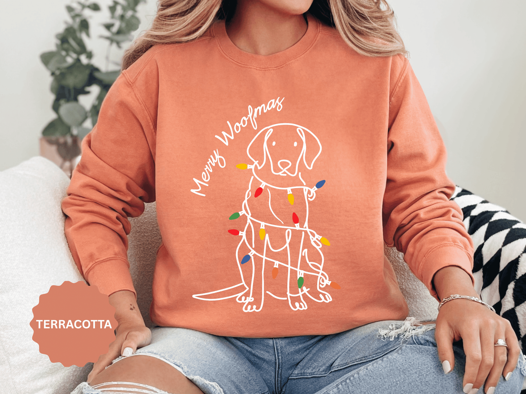 Merry Woofmas Dog Sweatshirt, Funny Christmas Puppy Crewneck, Holiday Lights Pet Lover Pullover, Cute Christmas Gift for Dog Mom or Dog Dad