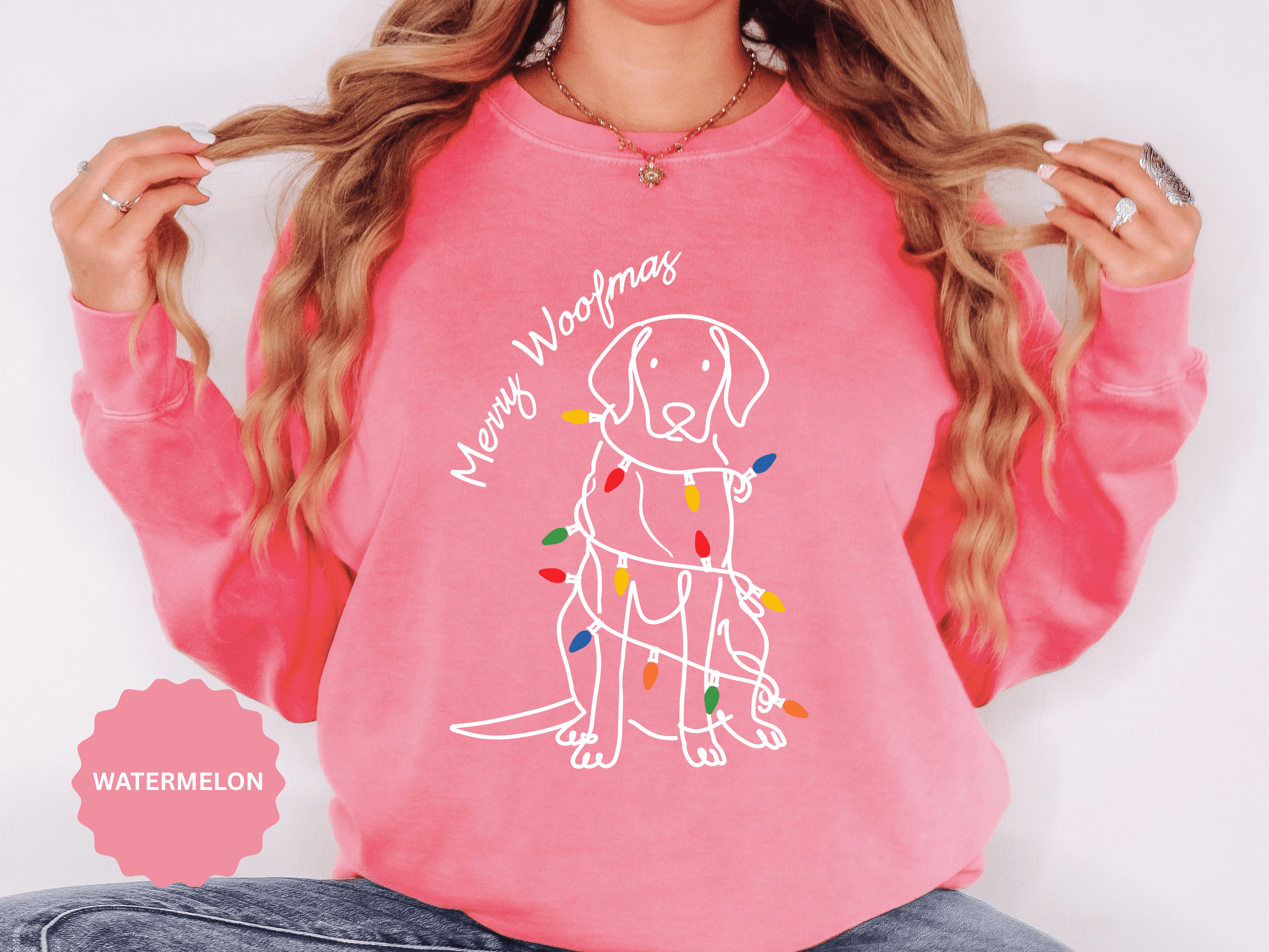 Merry Woofmas Dog Sweatshirt, Funny Christmas Puppy Crewneck, Holiday Lights Pet Lover Pullover, Cute Christmas Gift for Dog Mom or Dog Dad