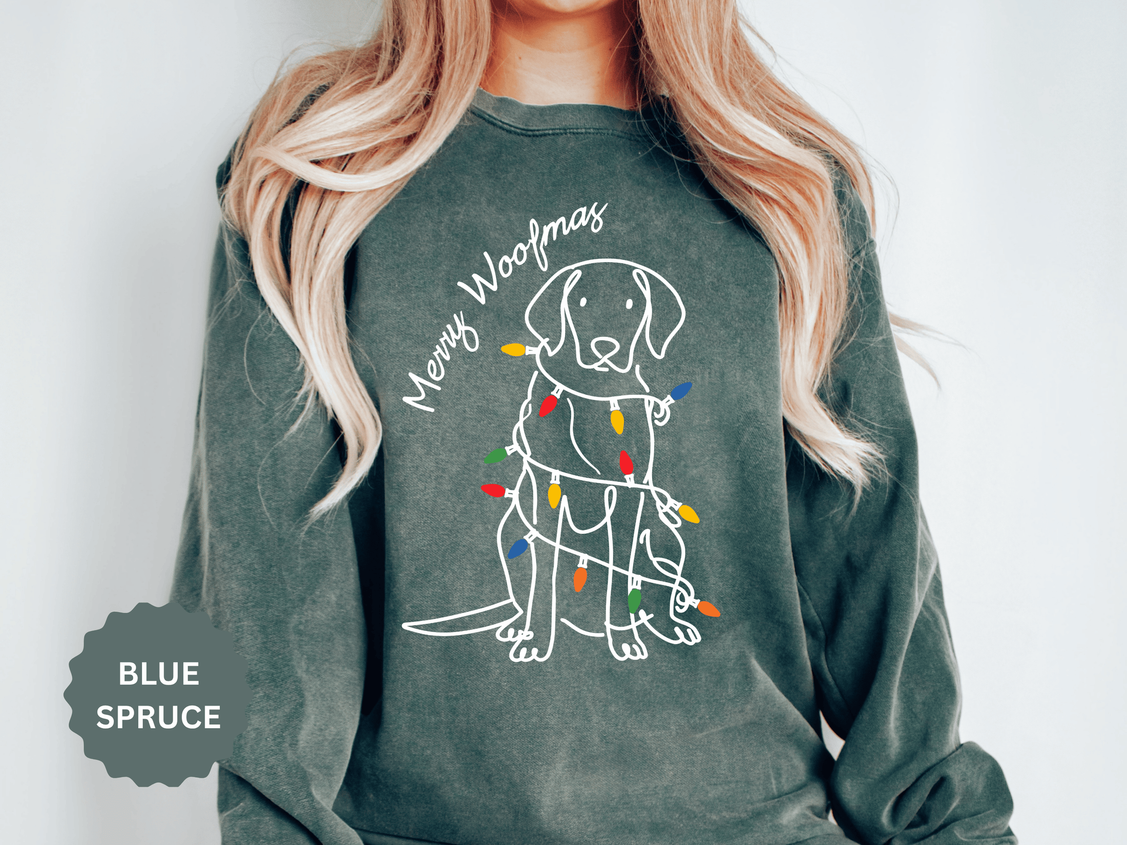 Merry Woofmas Dog Sweatshirt, Funny Christmas Puppy Crewneck, Holiday Lights Pet Lover Pullover, Cute Christmas Gift for Dog Mom or Dog Dad