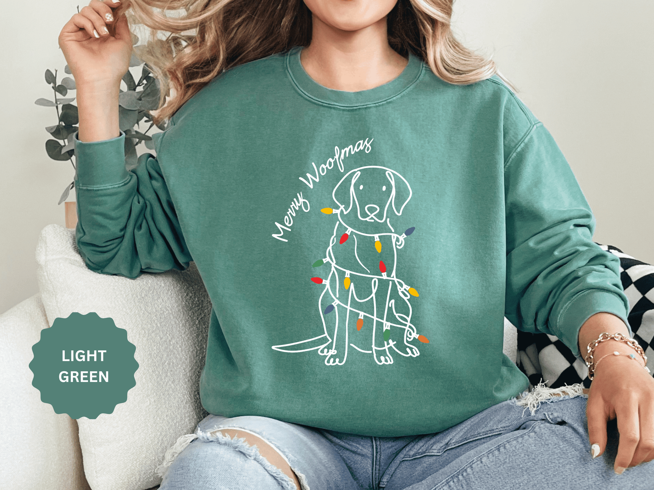 Merry Woofmas Dog Sweatshirt, Funny Christmas Puppy Crewneck, Holiday Lights Pet Lover Pullover, Cute Christmas Gift for Dog Mom or Dog Dad