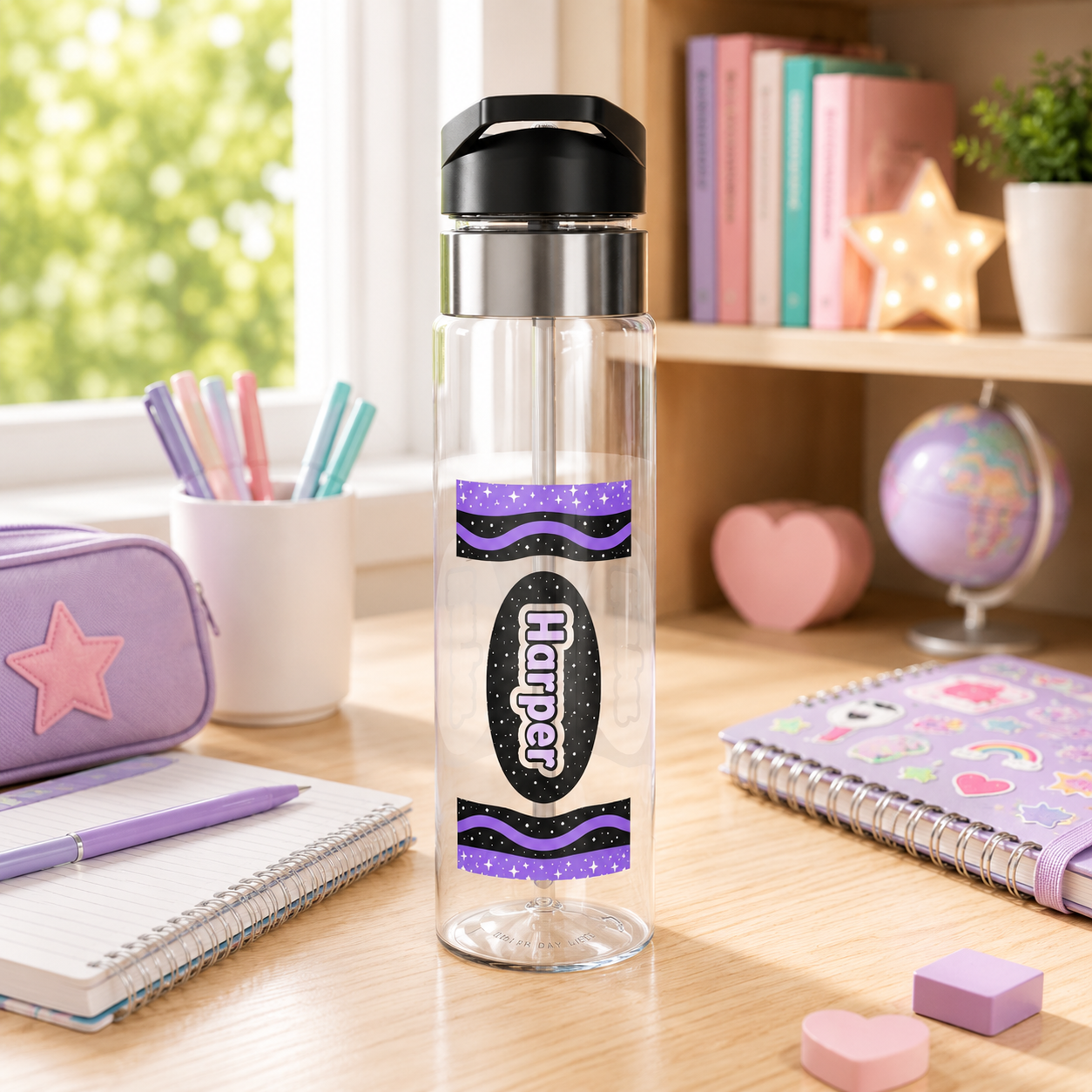 Personalized Transparent Water Bottle, Purple Star Drink Bottle for Girls, Cute School Water Bottle, Back to School Gift