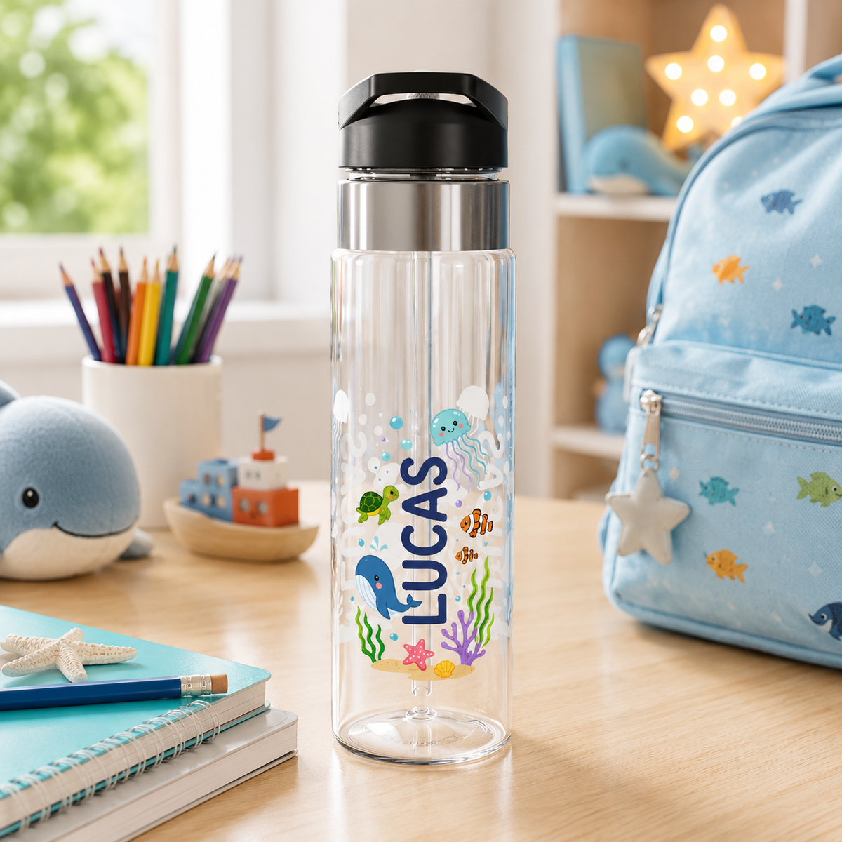 Personalized Transparent Water Bottle for Kids, Ocean Animal Drink Bottle, Under the Sea School Bottle, Back to School Gift