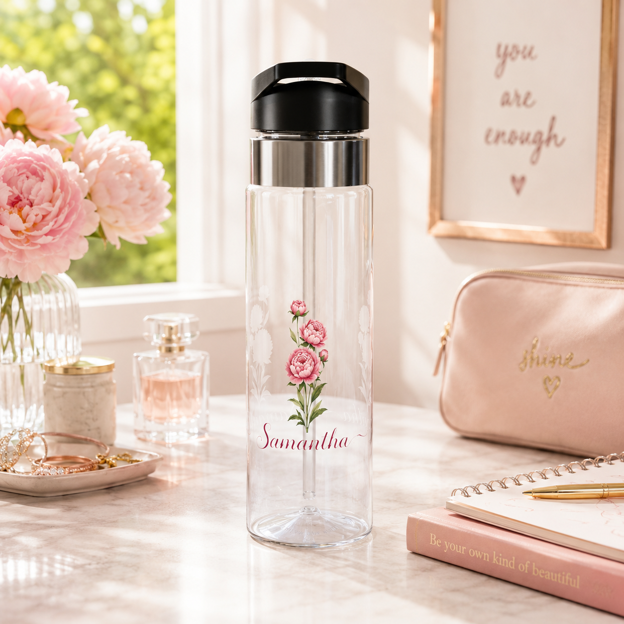 Personalized Floral Transparent Water Bottle, Peony Flower Gift for Her, Custom Name Drinkware, Girly Water Bottle for Work, Gym or School