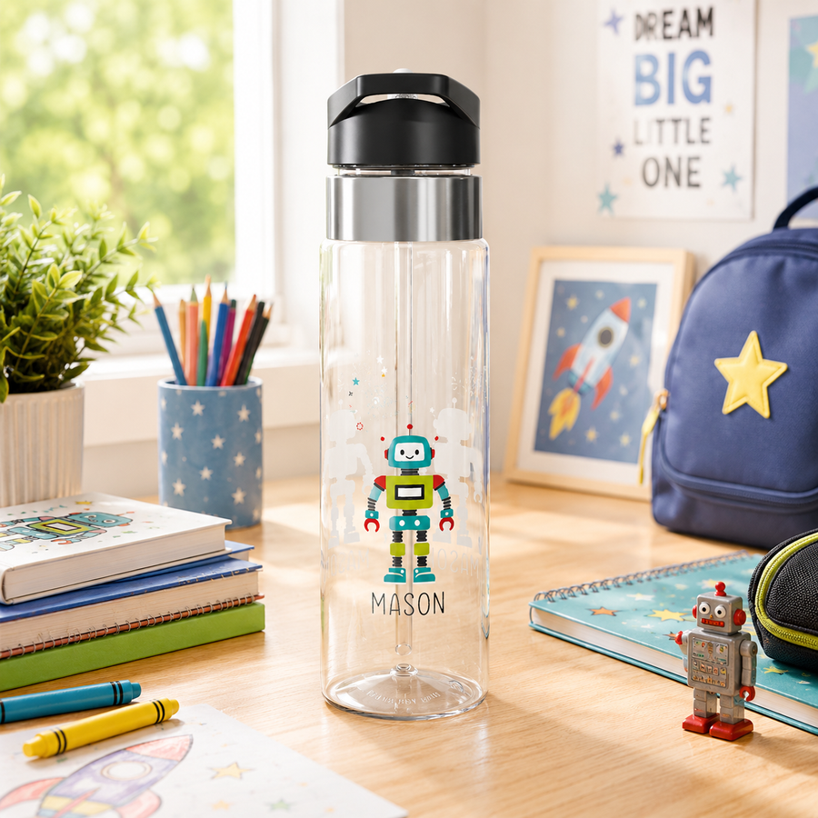 Personalized Robot Transparent Water Bottle for Boys, Custom Name Kids Water Bottle, Back to School Gift, Fun Space Themed Drink Bottle
