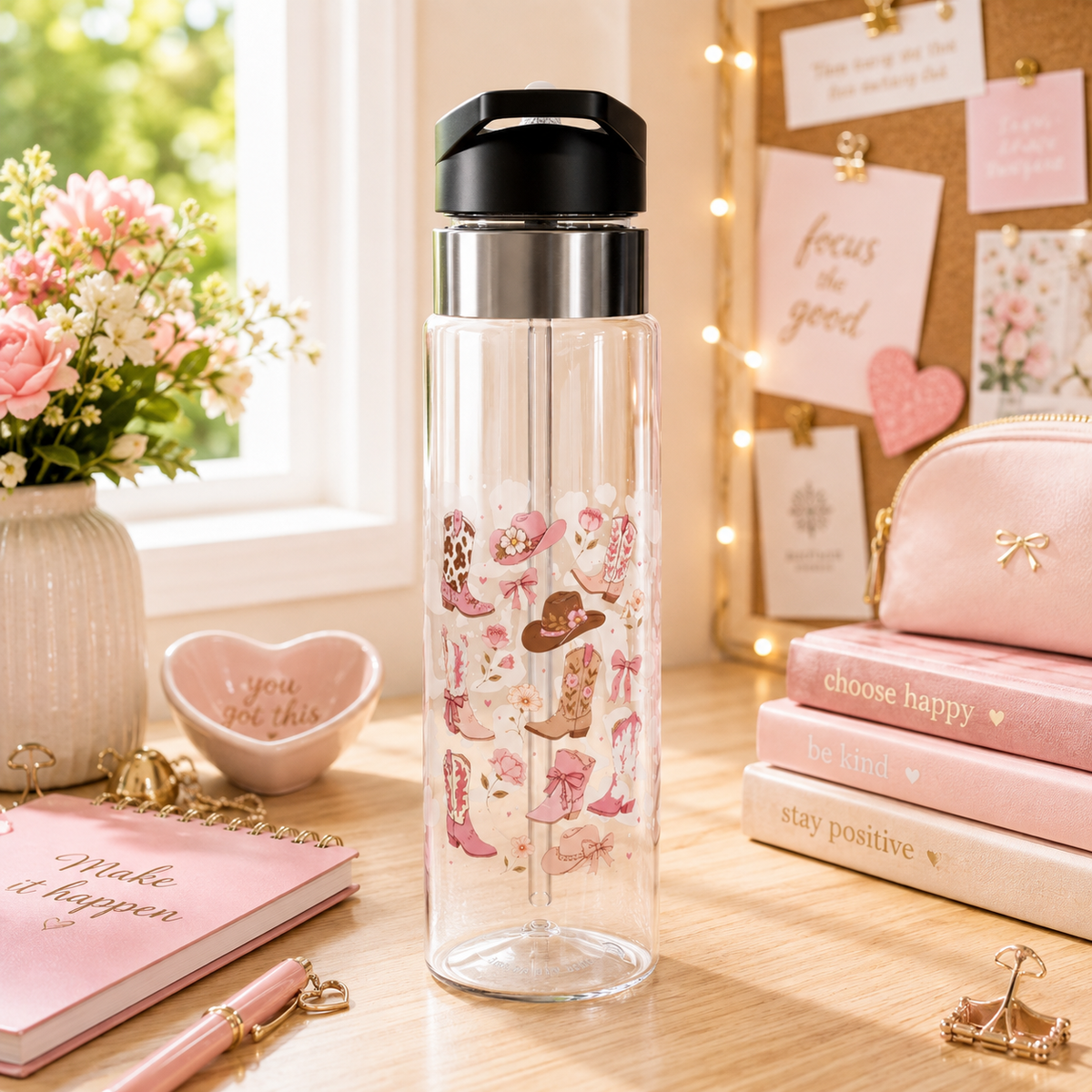 Cowgirl Western Boots Transparent Water Bottle, Cute Country Drinkware, Pink Rodeo Gift for Her, Cowgirl Gym and Everyday Hydration