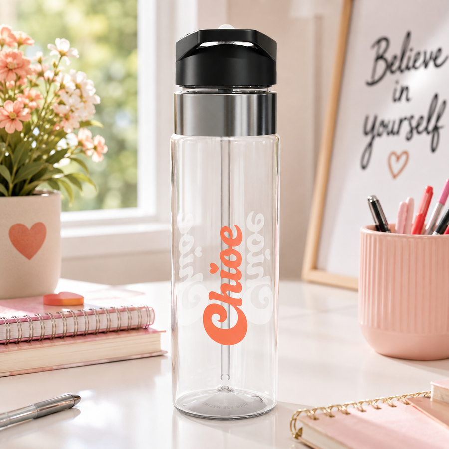 A clear water bottle with a black screw-on lid and handle, printed with the personalized name Chloe in bold retro orange script, repeated twice more in white outline on either side.