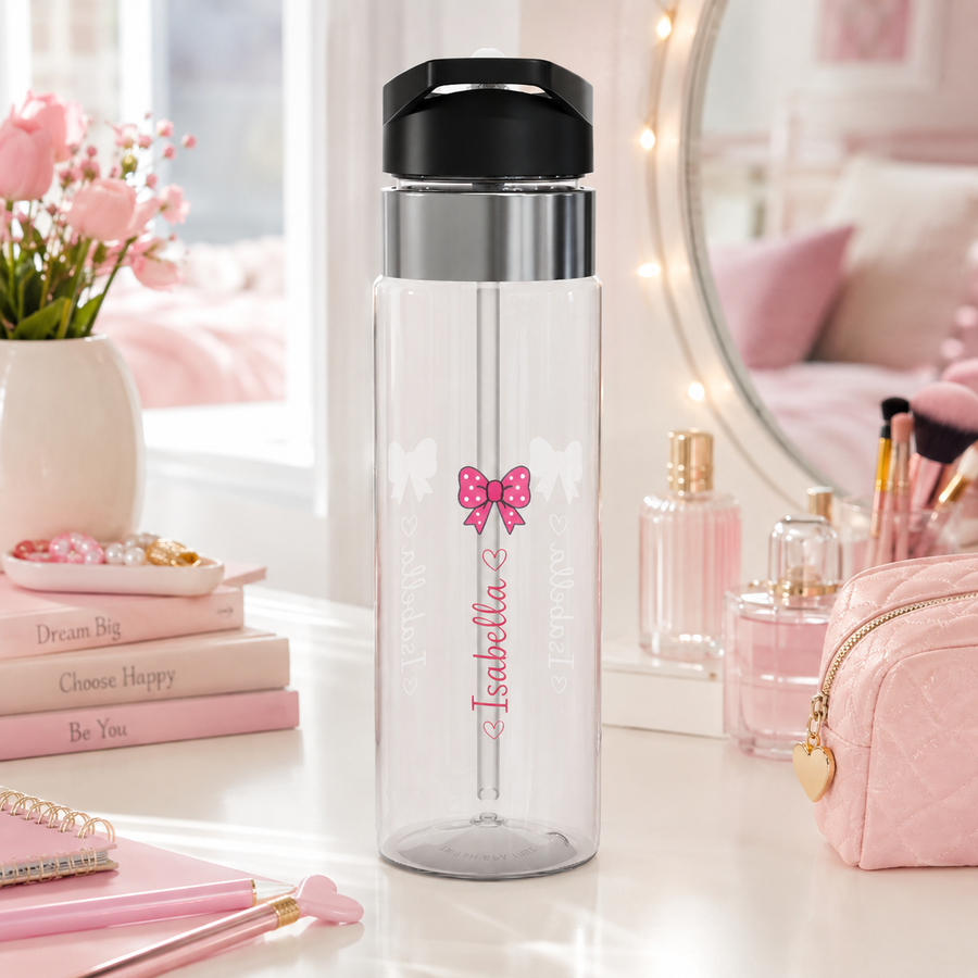 Personalized Girl Name Water Bottle, Transparent Water Bottle for Kids, Bow Design, Cute School Drink Bottle, Birthday Gift for Daughter
