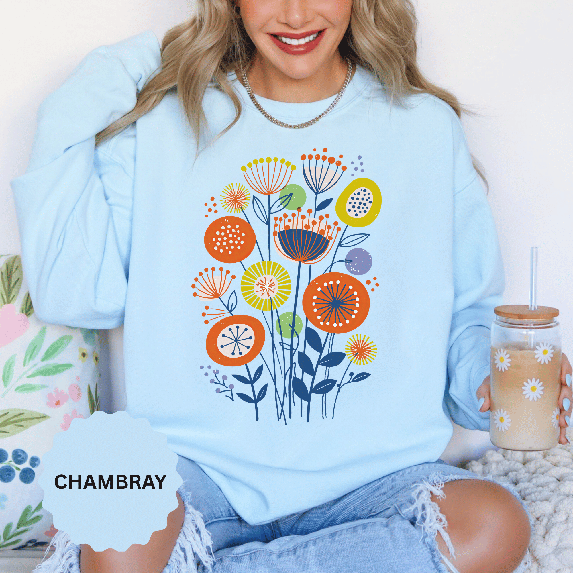 Retro Floral Graphic Sweatshirt, Colorful Botanical Pullover for Flower Lovers, Mid Century Garden Top, Cheerful Nature Gift for Her