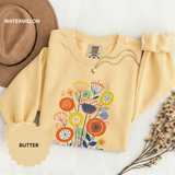 Retro Floral Graphic Sweatshirt, Colorful Botanical Pullover for Flower Lovers, Mid Century Garden Top, Cheerful Nature Gift for Her