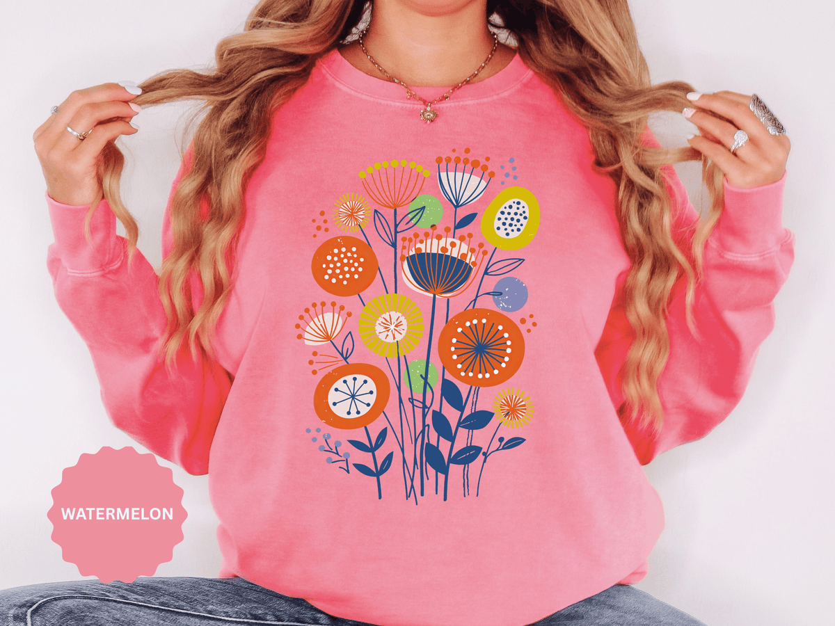 Retro Floral Graphic Sweatshirt, Colorful Botanical Pullover for Flower Lovers, Mid Century Garden Top, Cheerful Nature Gift for Her