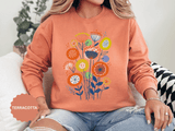 Retro Floral Graphic Sweatshirt, Colorful Botanical Pullover for Flower Lovers, Mid Century Garden Top, Cheerful Nature Gift for Her