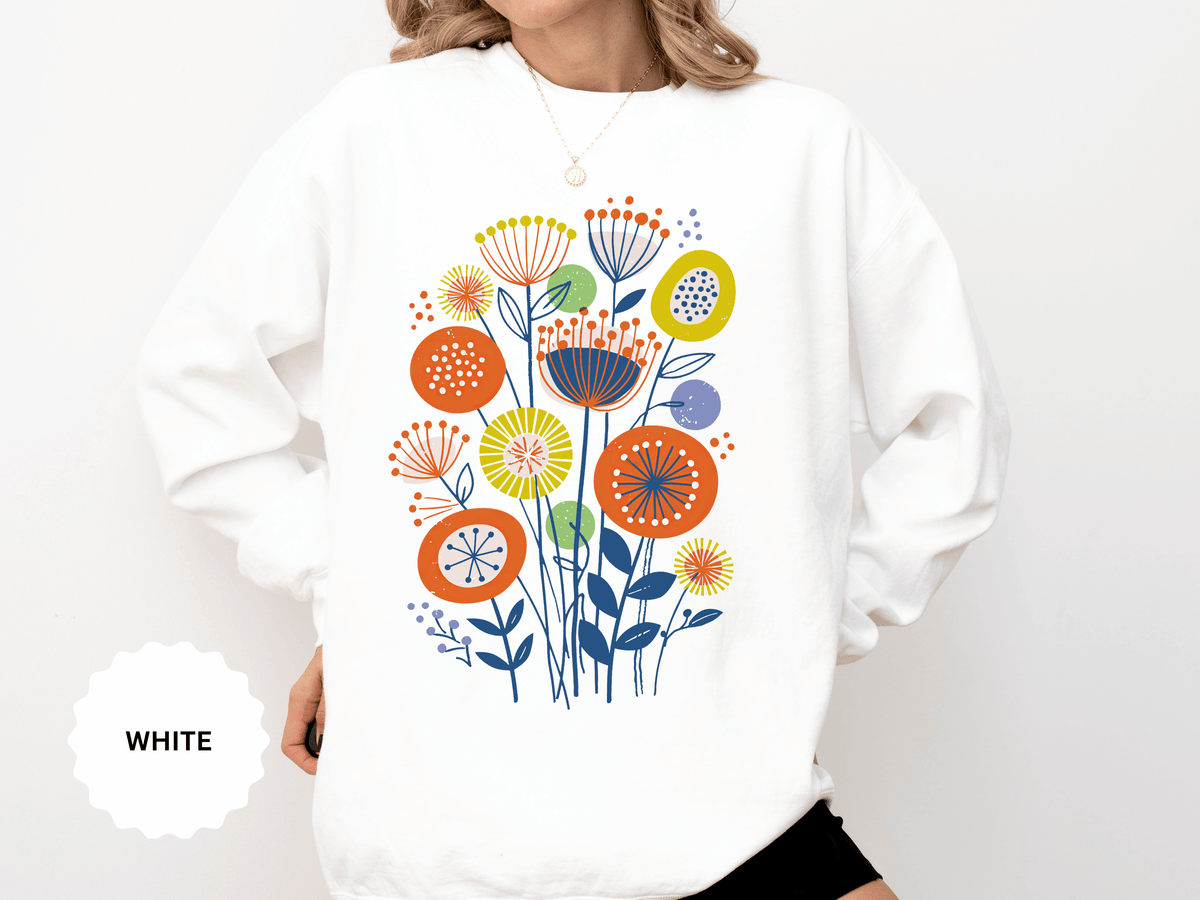 Retro Floral Graphic Sweatshirt, Colorful Botanical Pullover for Flower Lovers, Mid Century Garden Top, Cheerful Nature Gift for Her