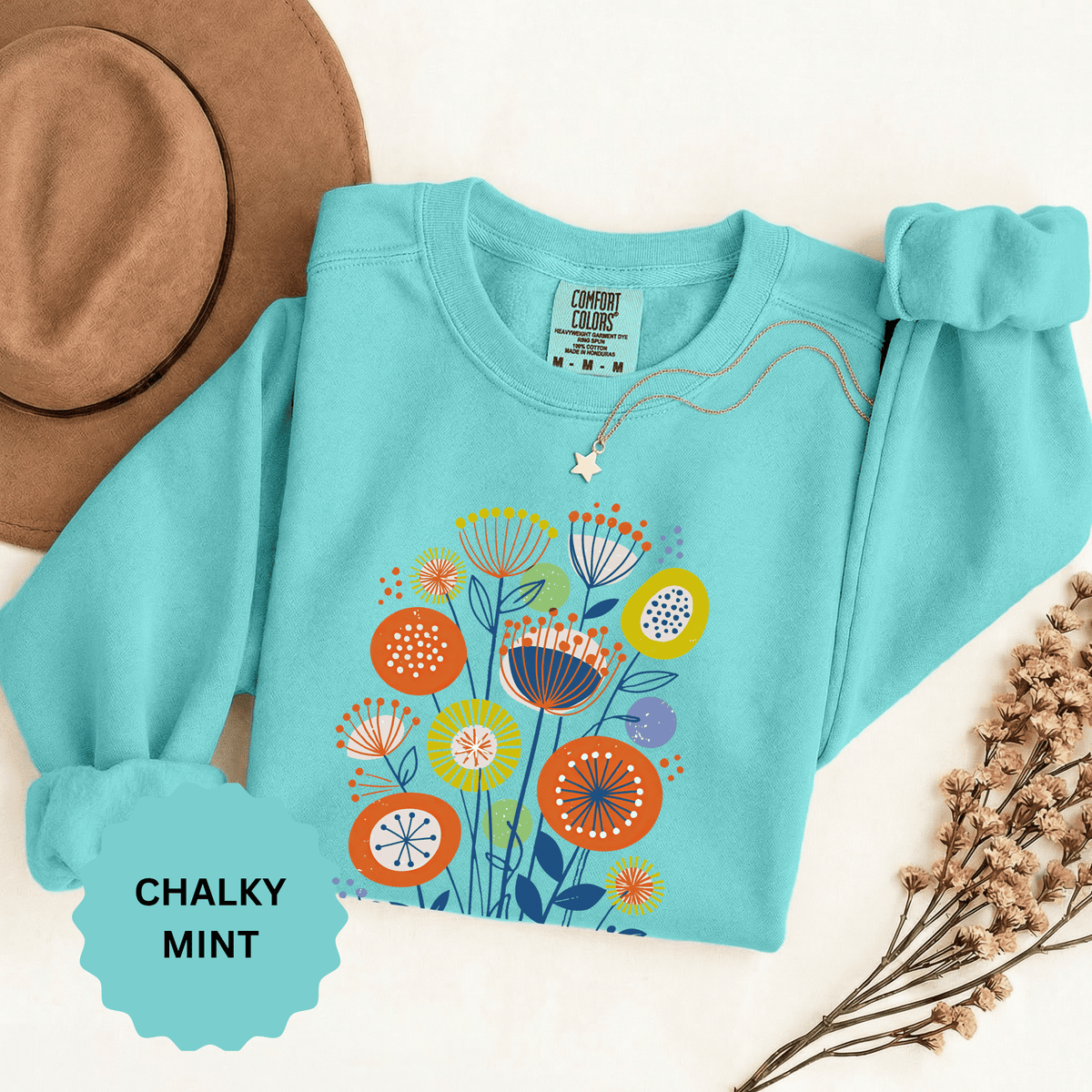 Retro Floral Graphic Sweatshirt, Colorful Botanical Pullover for Flower Lovers, Mid Century Garden Top, Cheerful Nature Gift for Her