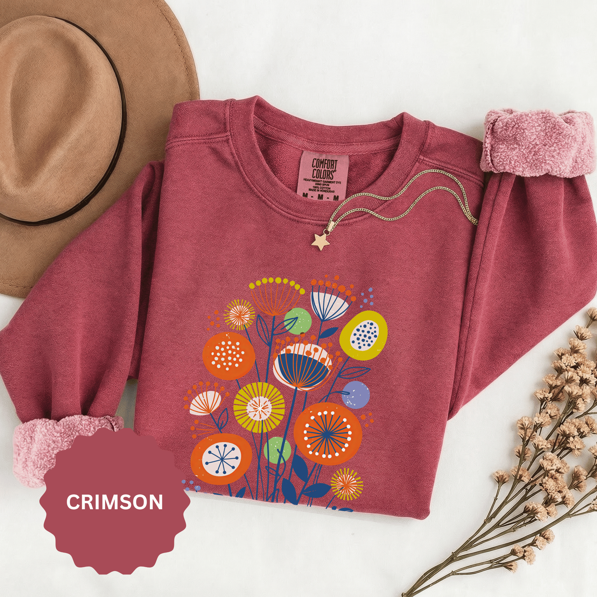 Retro Floral Graphic Sweatshirt, Colorful Botanical Pullover for Flower Lovers, Mid Century Garden Top, Cheerful Nature Gift for Her