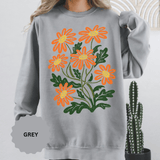 Orange Daisy Graphic Sweatshirt, Retro Floral Pullover for Flower Lovers, Groovy Botanical Top, Cheerful Garden Gift for Women