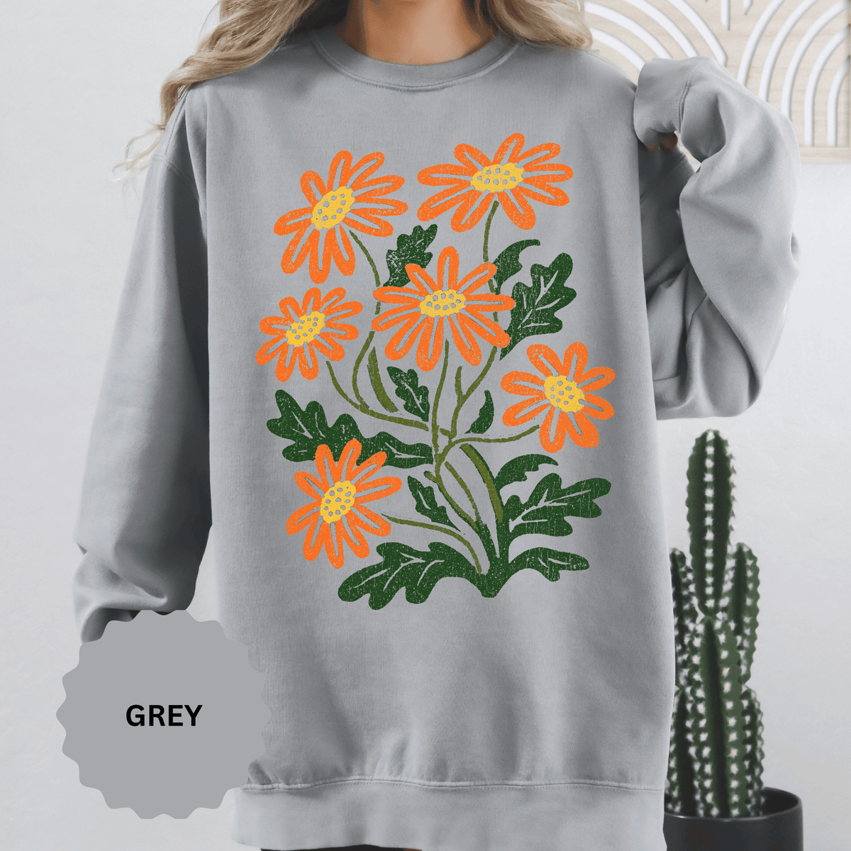 Orange Daisy Graphic Sweatshirt, Retro Floral Pullover for Flower Lovers, Groovy Botanical Top, Cheerful Garden Gift for Women