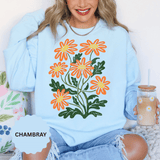 Orange Daisy Graphic Sweatshirt, Retro Floral Pullover for Flower Lovers, Groovy Botanical Top, Cheerful Garden Gift for Women