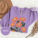 Orange Daisy Graphic Sweatshirt, Retro Floral Pullover for Flower Lovers, Groovy Botanical Top, Cheerful Garden Gift for Women