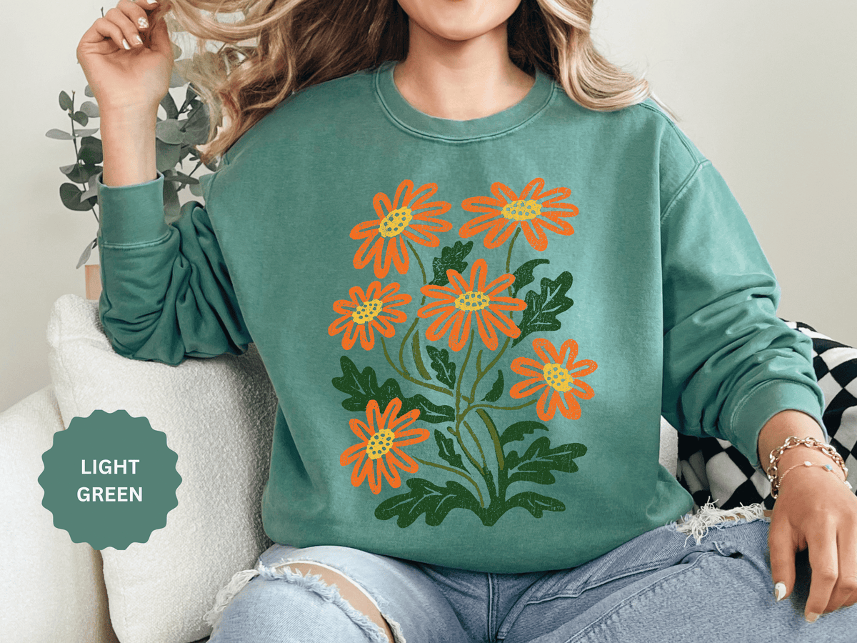 Orange Daisy Graphic Sweatshirt, Retro Floral Pullover for Flower Lovers, Groovy Botanical Top, Cheerful Garden Gift for Women