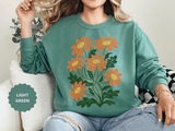 Orange Daisy Graphic Sweatshirt, Retro Floral Pullover for Flower Lovers, Groovy Botanical Top, Cheerful Garden Gift for Women