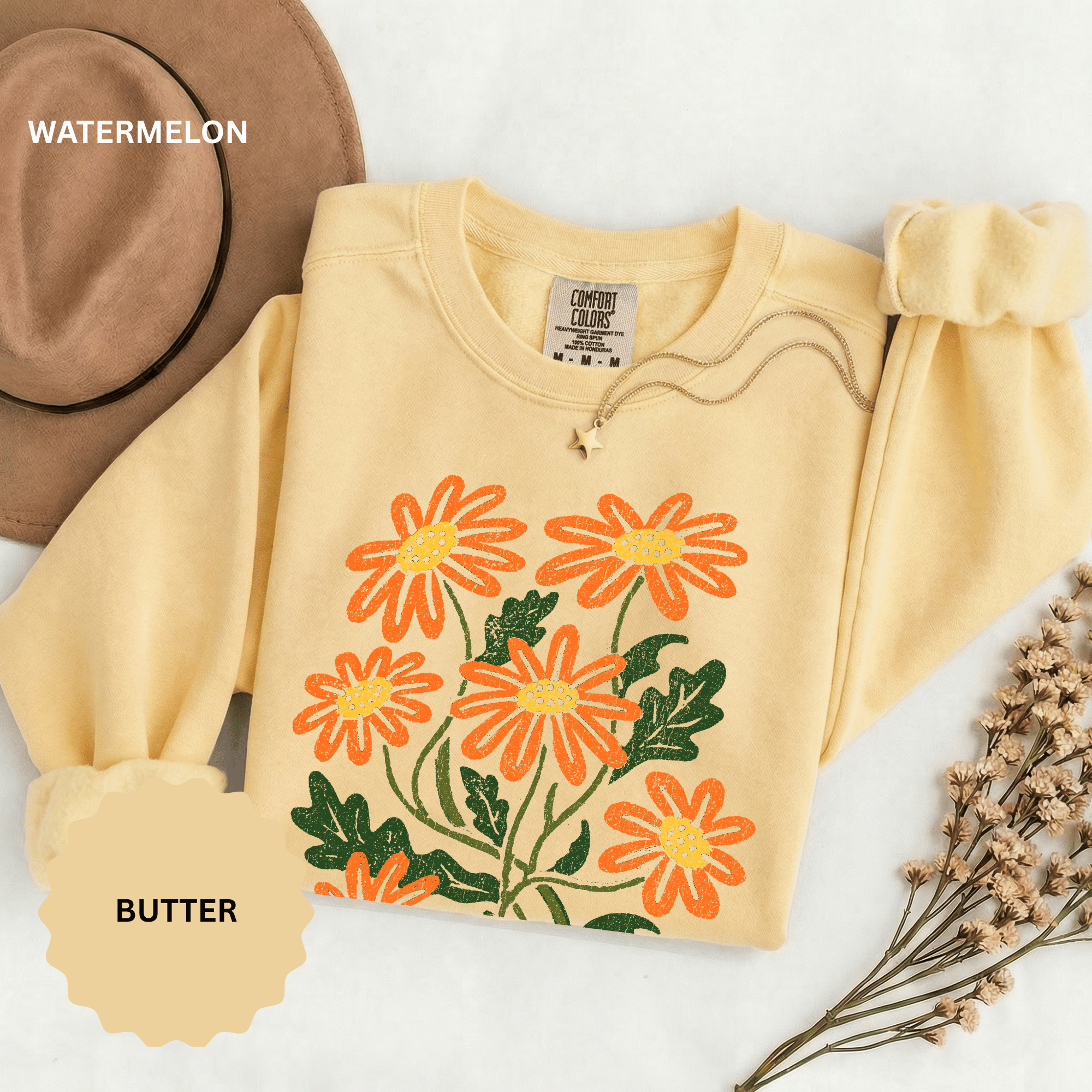 Orange Daisy Graphic Sweatshirt, Retro Floral Pullover for Flower Lovers, Groovy Botanical Top, Cheerful Garden Gift for Women