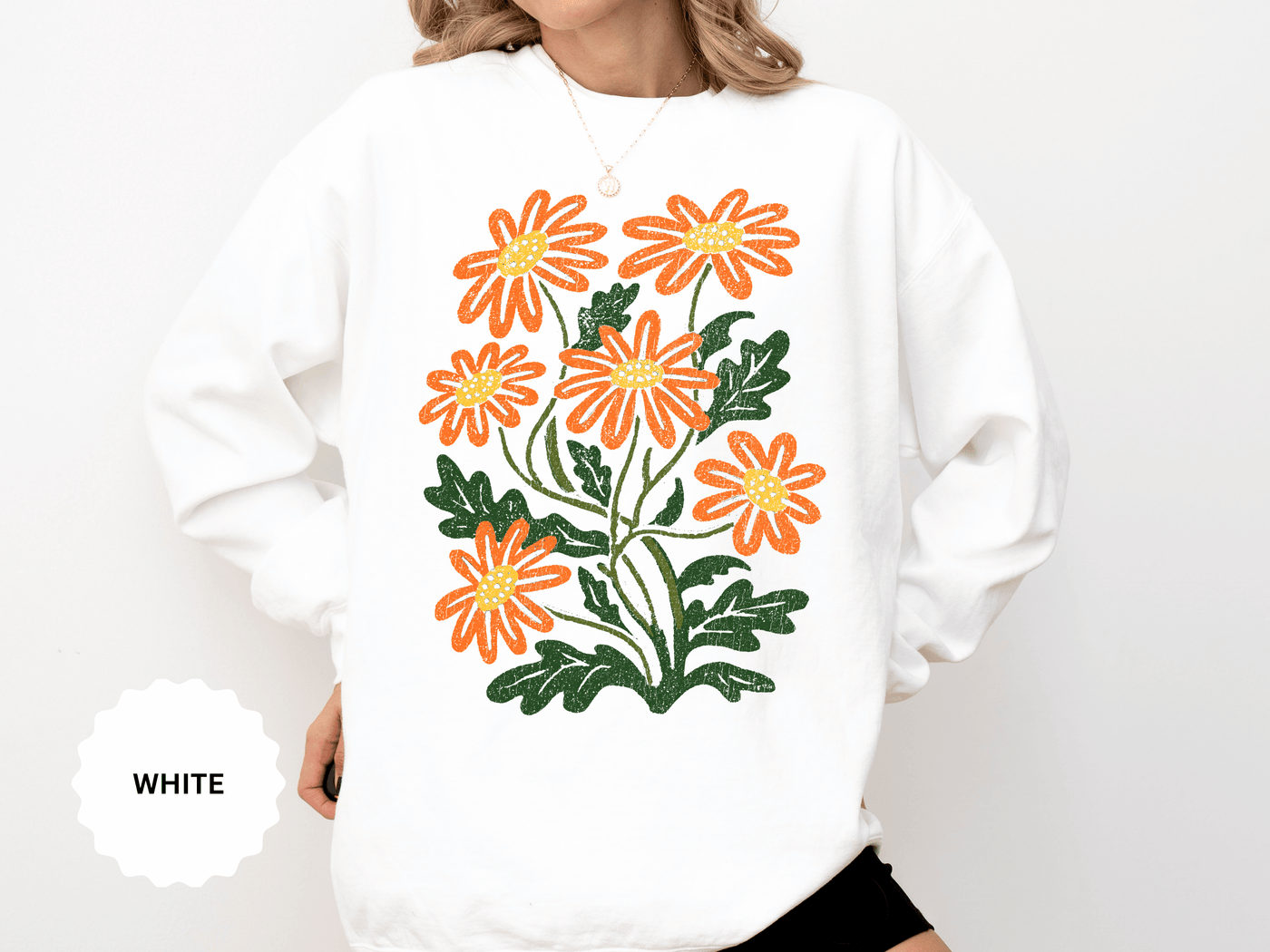 Orange Daisy Graphic Sweatshirt, Retro Floral Pullover for Flower Lovers, Groovy Botanical Top, Cheerful Garden Gift for Women
