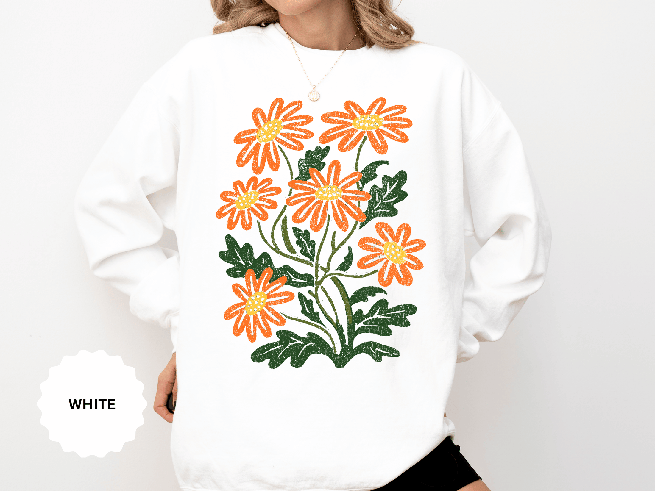 Orange Daisy Graphic Sweatshirt, Retro Floral Pullover for Flower Lovers, Groovy Botanical Top, Cheerful Garden Gift for Women